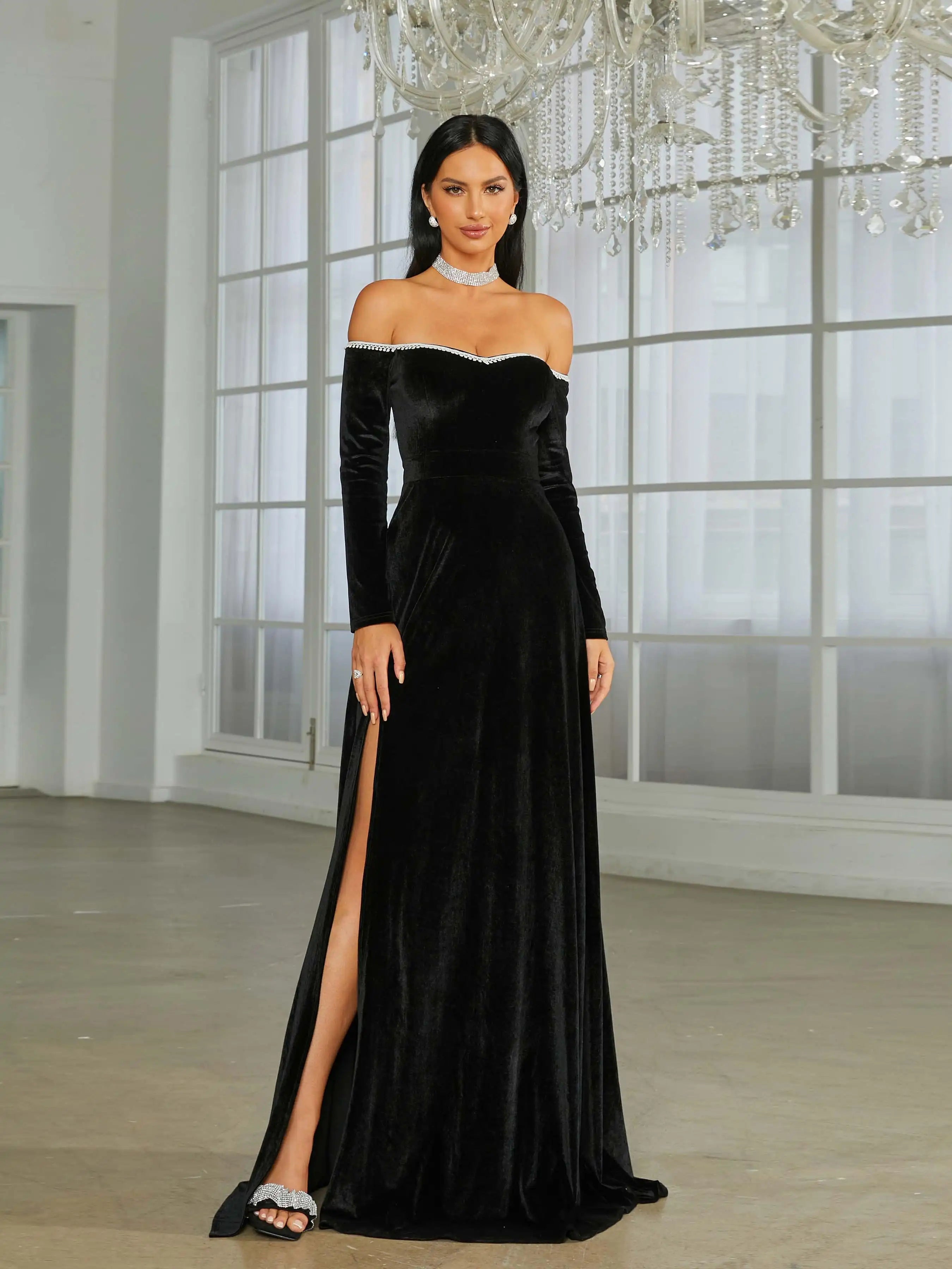 Glamorous A-Line Off-Shoulder Long Sleeve High Slit Black Floor-Length Prom Gown
