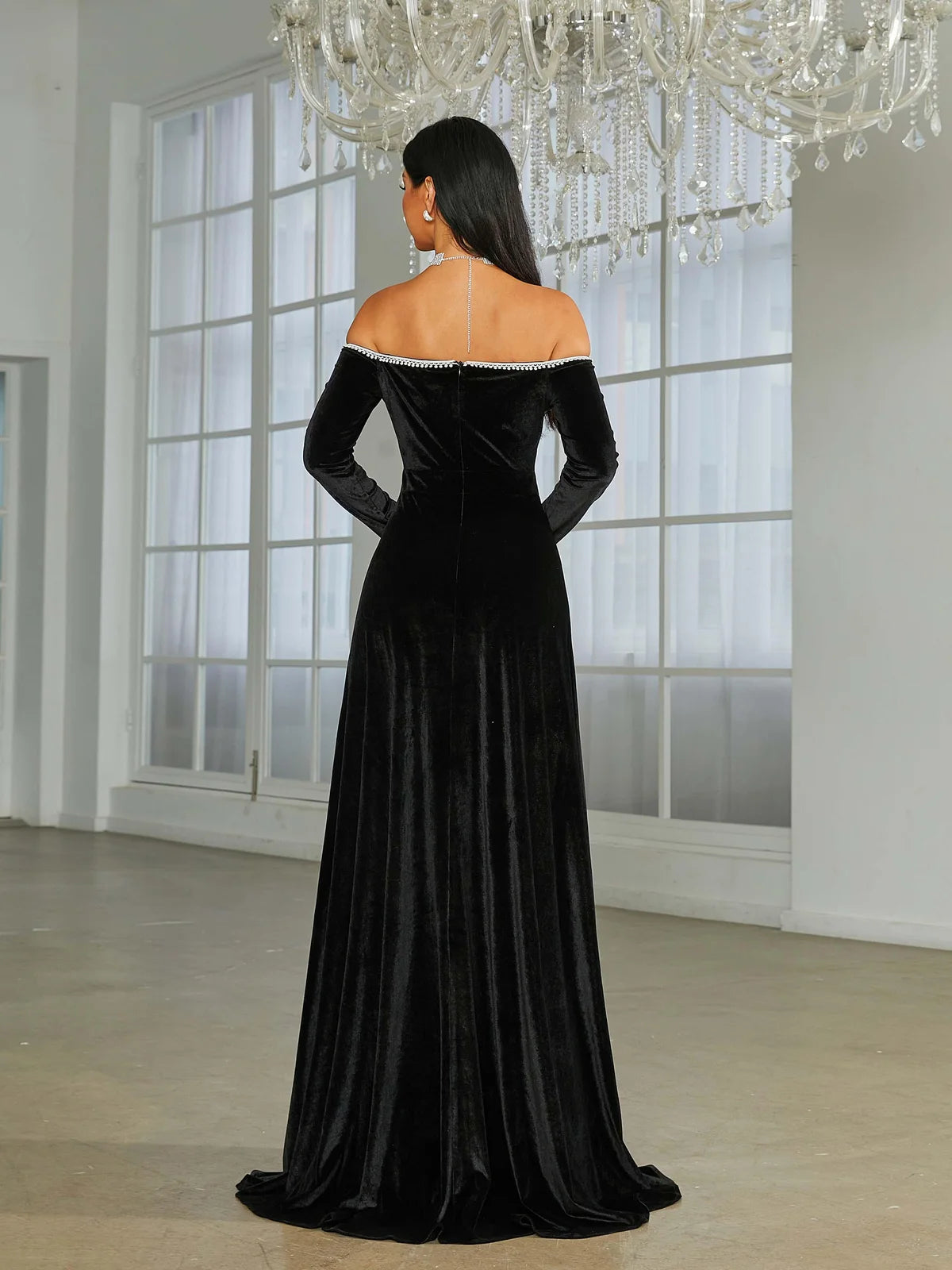 Glamorous A-Line Off-Shoulder Long Sleeve High Slit Black Floor-Length Prom Gown