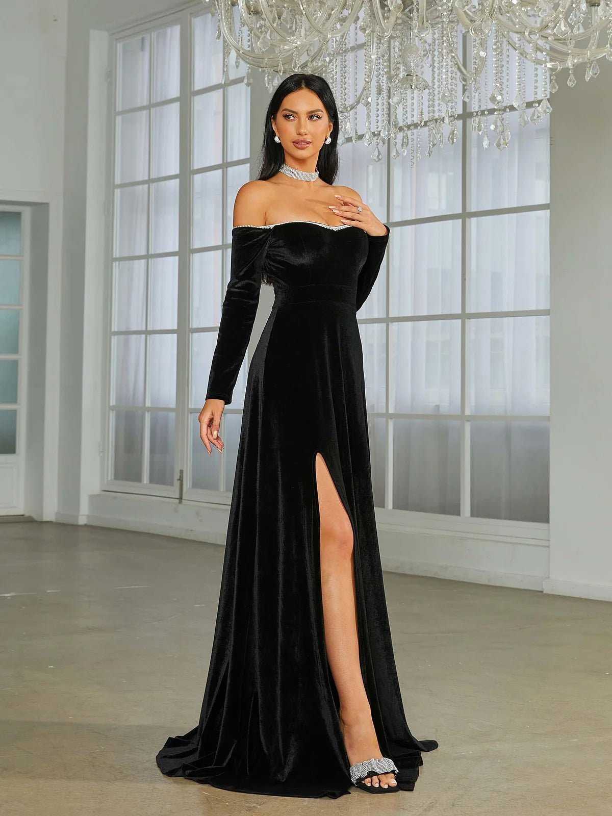 Glamorous A-Line Off-Shoulder Long Sleeve High Slit Black Floor-Length Prom Gown
