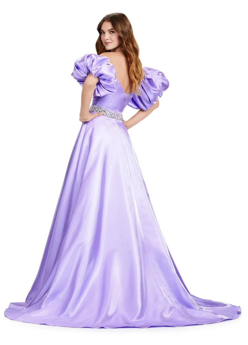 Glamorous A-Line Off-Shoulder Puffy Sleeves Bejeweled Lavender Floor-Length Prom Gown