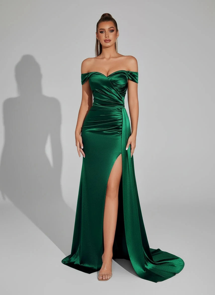 Glamorous A-Line Off-Shoulder Ruched High Slit Emerald Green Floor-Length Prom Dress