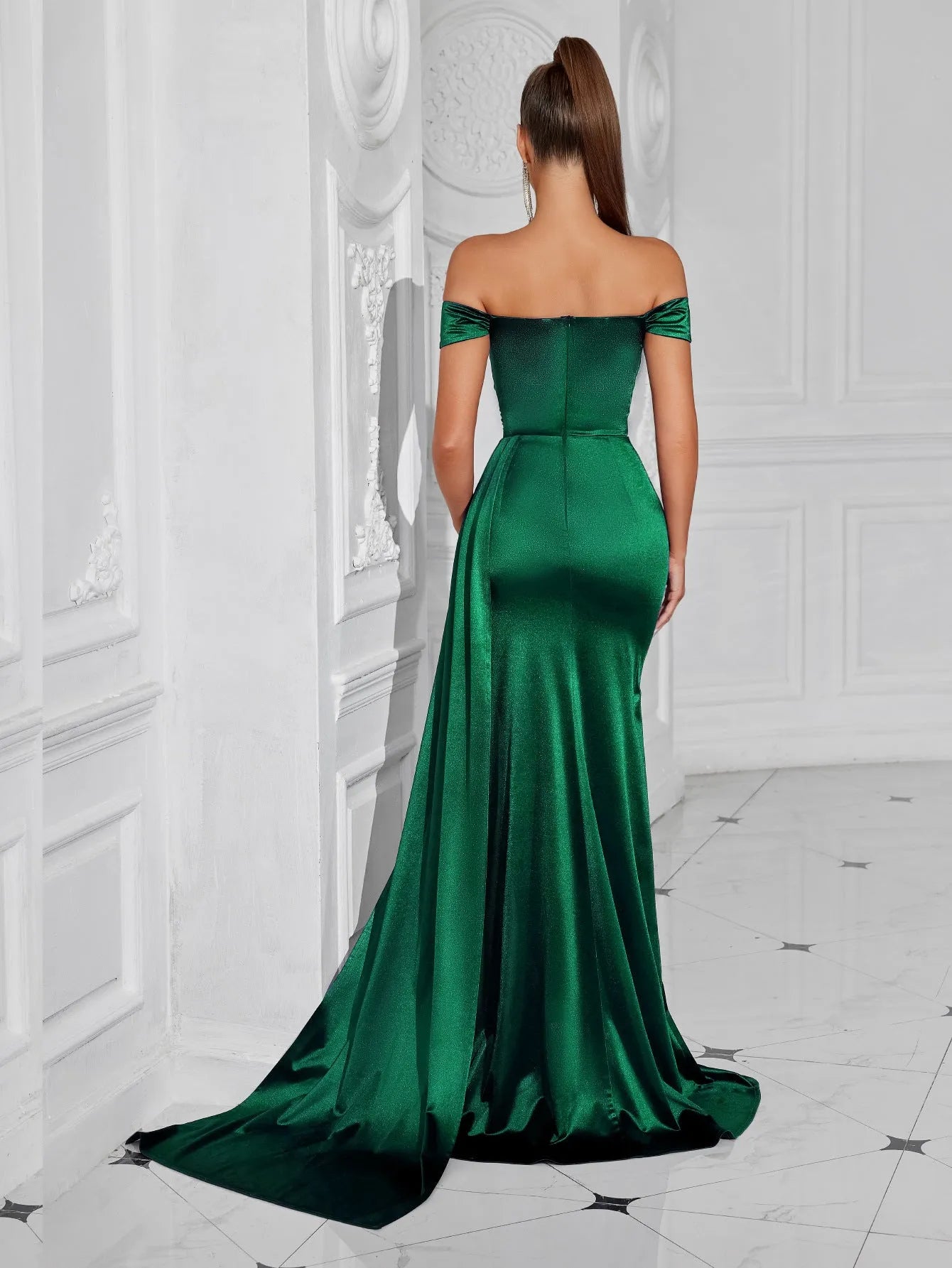 Glamorous A-Line Off-Shoulder Ruched High Slit Emerald Green Floor-Length Prom Dress