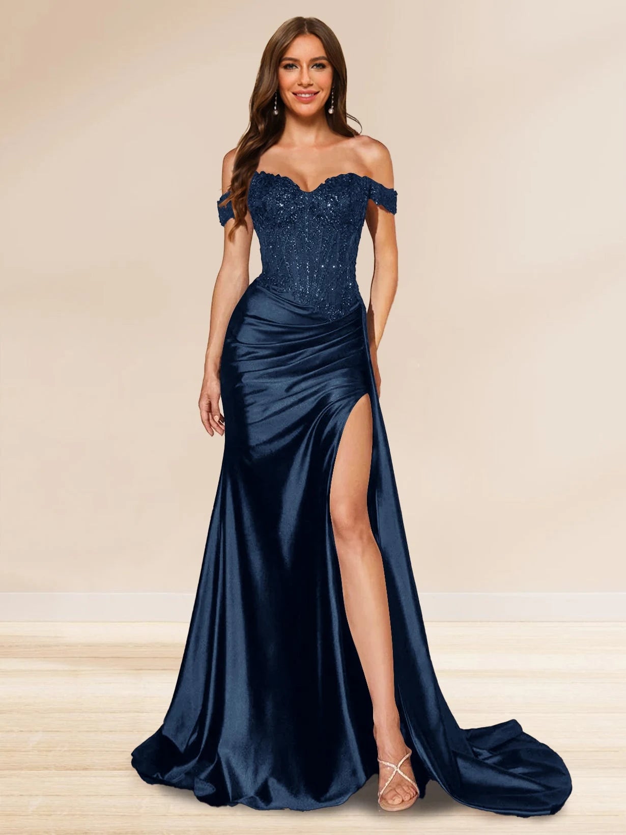 Glamorous A-Line Off-Shoulder Sequin High Slit Navy Blue Floor-Length Prom Gown