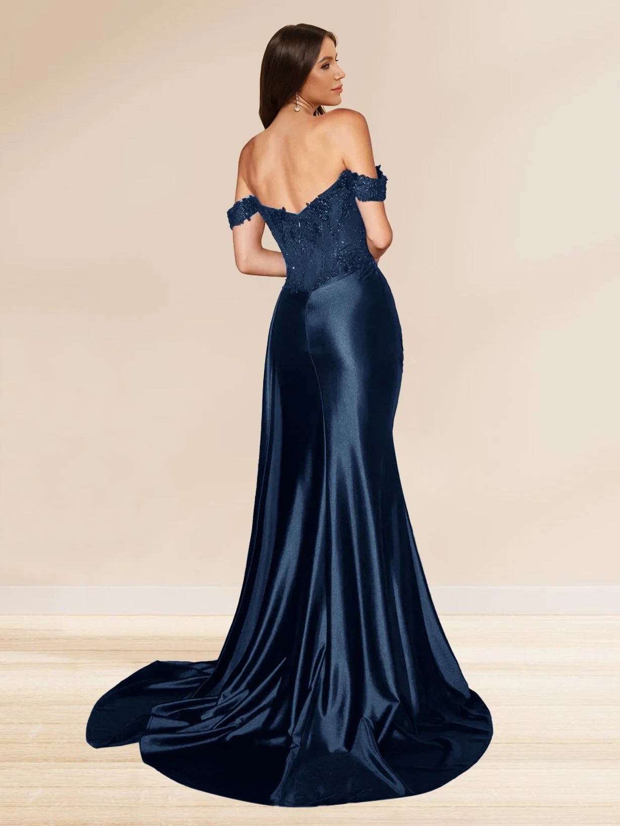 Glamorous A-Line Off-Shoulder Sequin High Slit Navy Blue Floor-Length Prom Gown