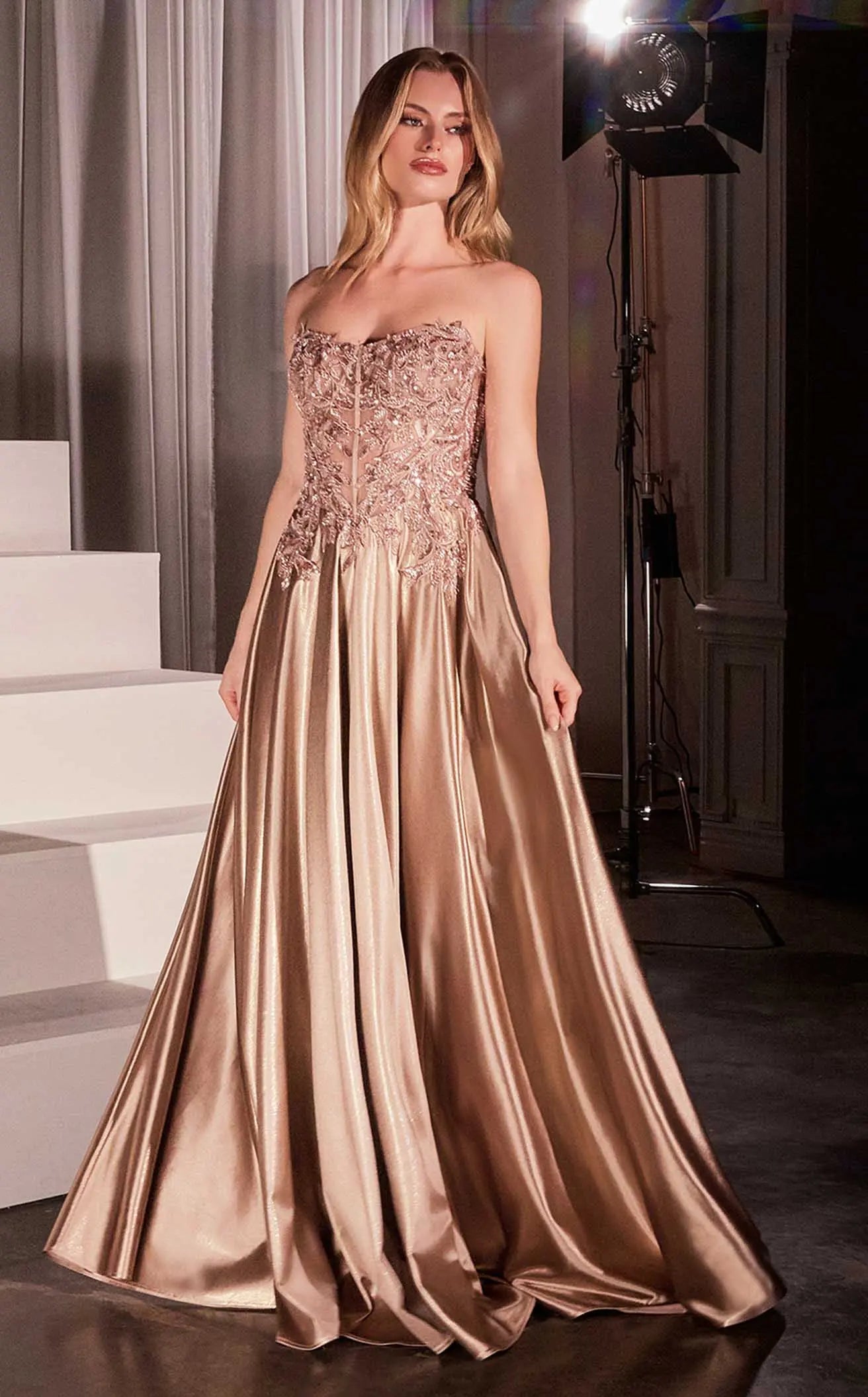 Glamorous A-Line Off-Shoulder Sweetheart Embellished Rose Gold Floor-Length Prom Gown