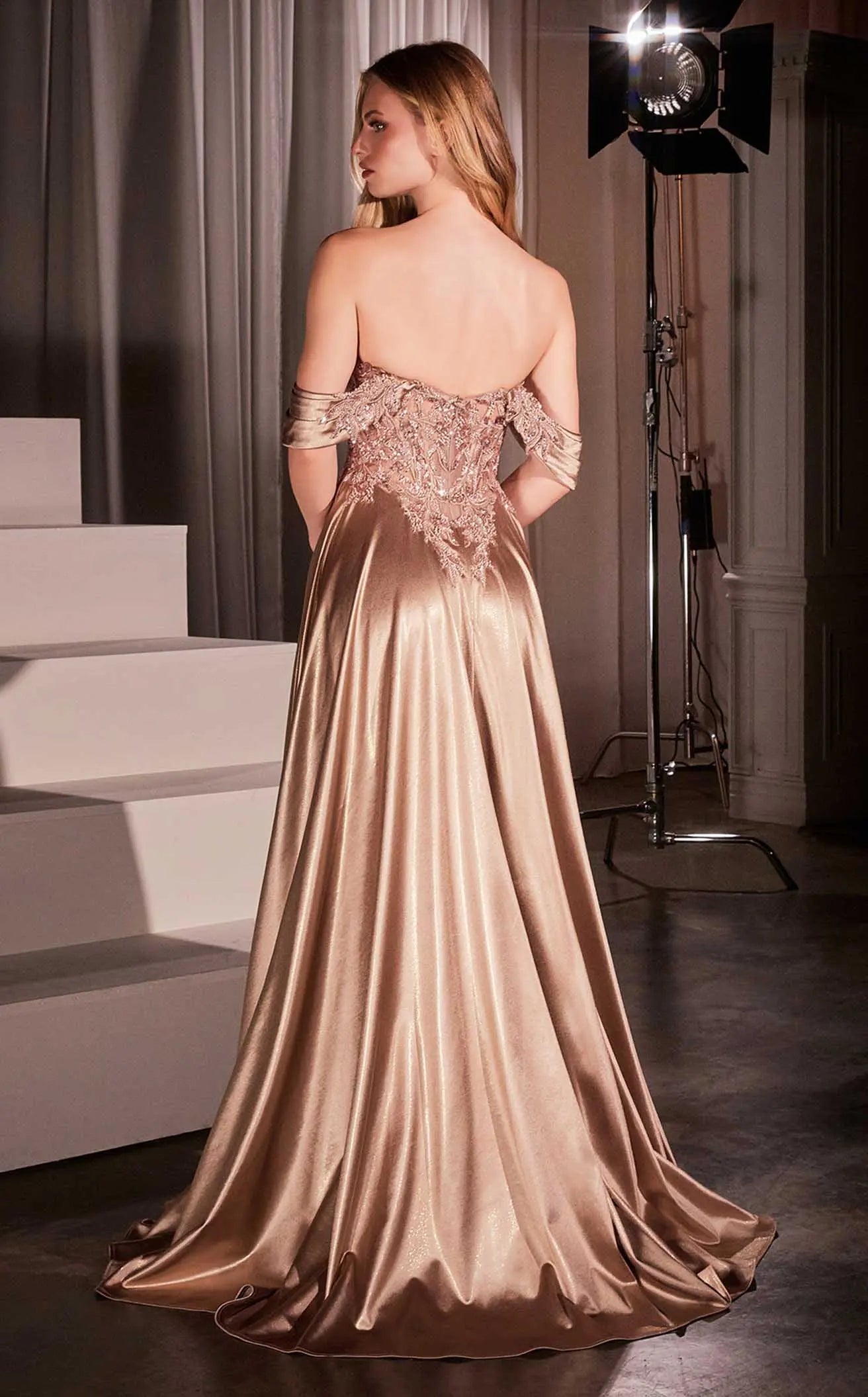 Glamorous A-Line Off-Shoulder Sweetheart Embellished Rose Gold Floor-Length Prom Gown