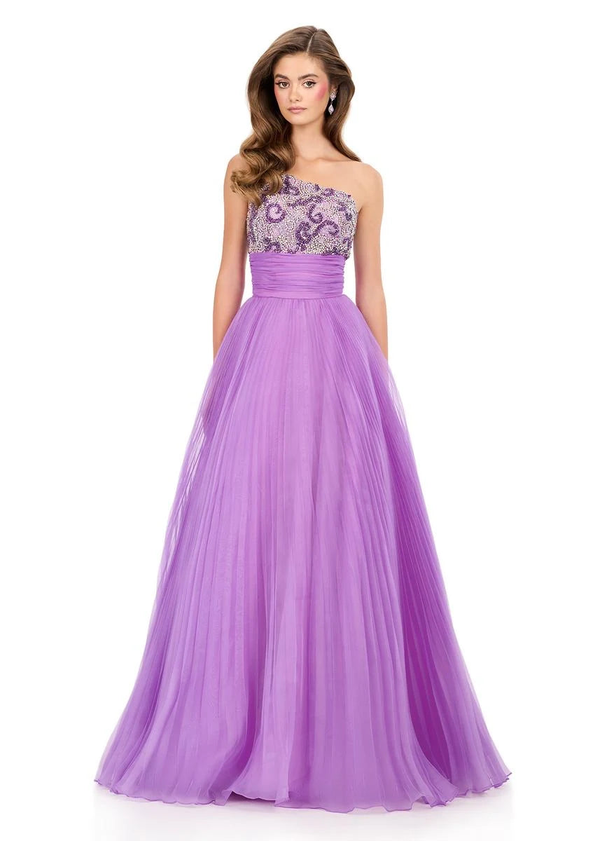 Glamorous A-Line One-Shoulder Beaded Pleated Lavender Floor-Length Prom Dress Women's