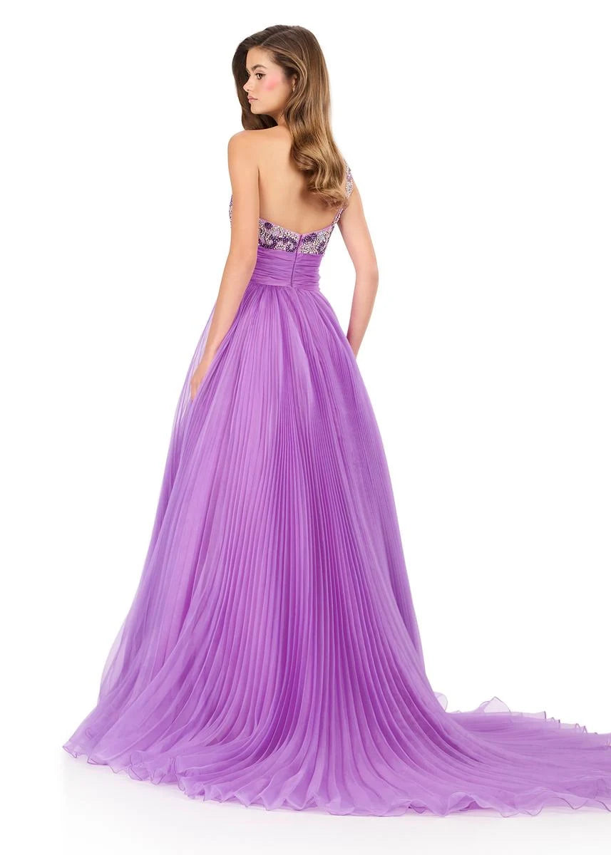 Glamorous A-Line One-Shoulder Beaded Pleated Lavender Floor-Length Prom Dress Women's