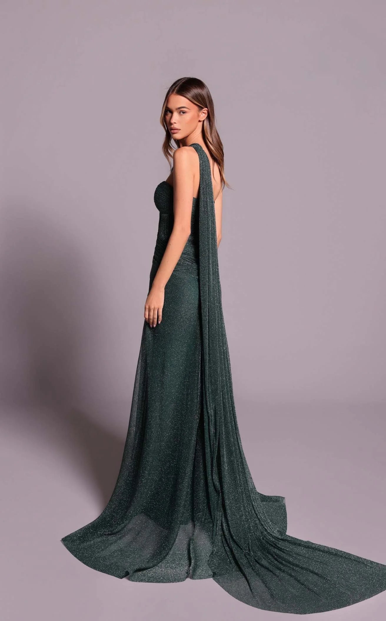 Glamorous A-Line One-Shoulder Draped High-Slit Emerald Green Floor-Length Prom Gown