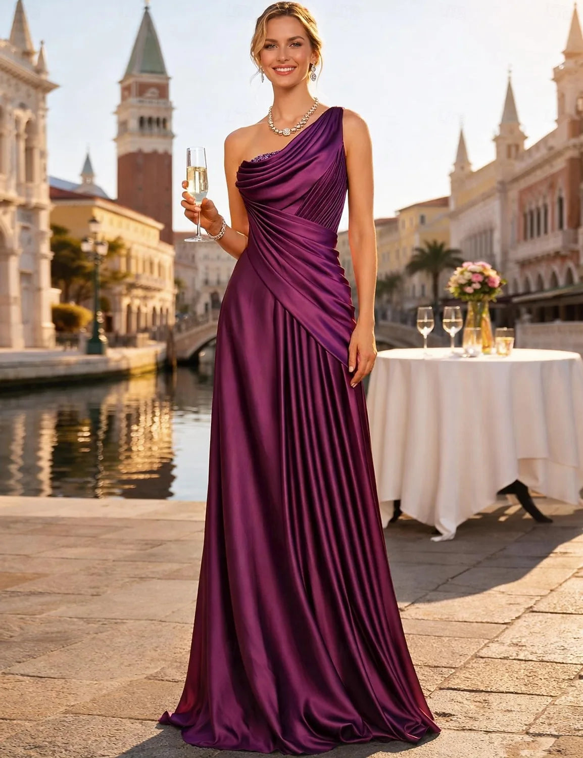 Glamorous A-Line One-Shoulder Ruched Deep Plum Floor-Length Evening Gown