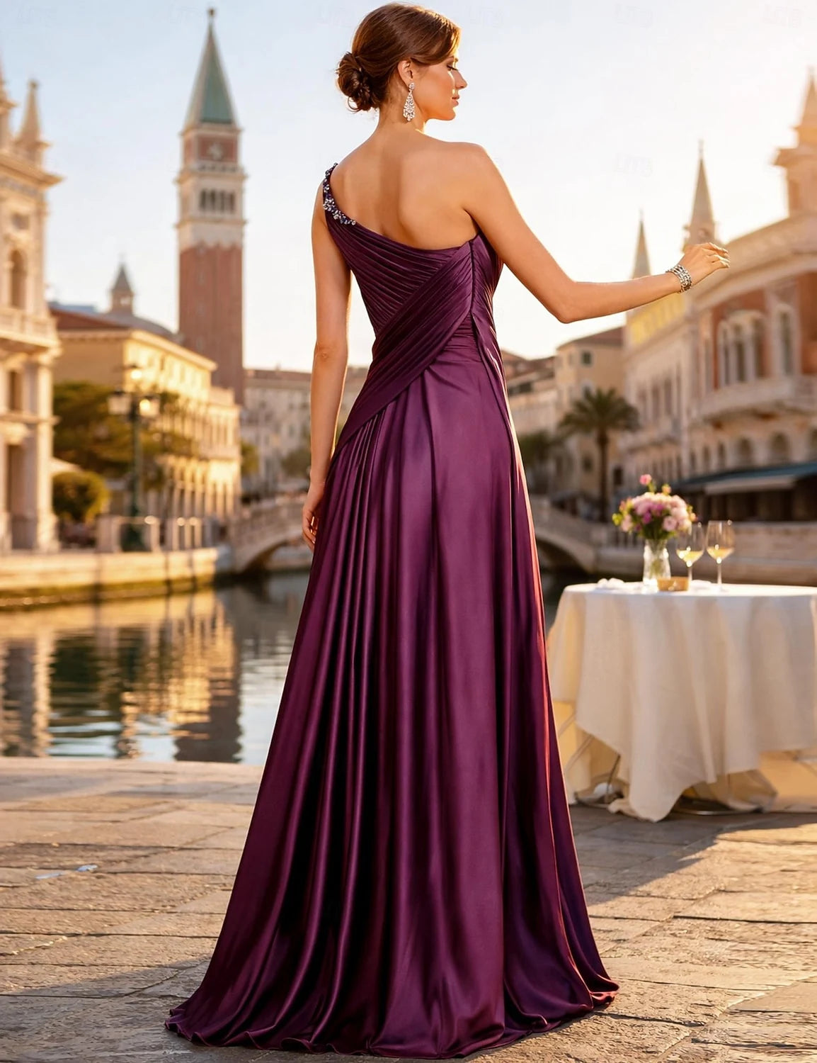 Glamorous A-Line One-Shoulder Ruched Deep Plum Floor-Length Evening Gown