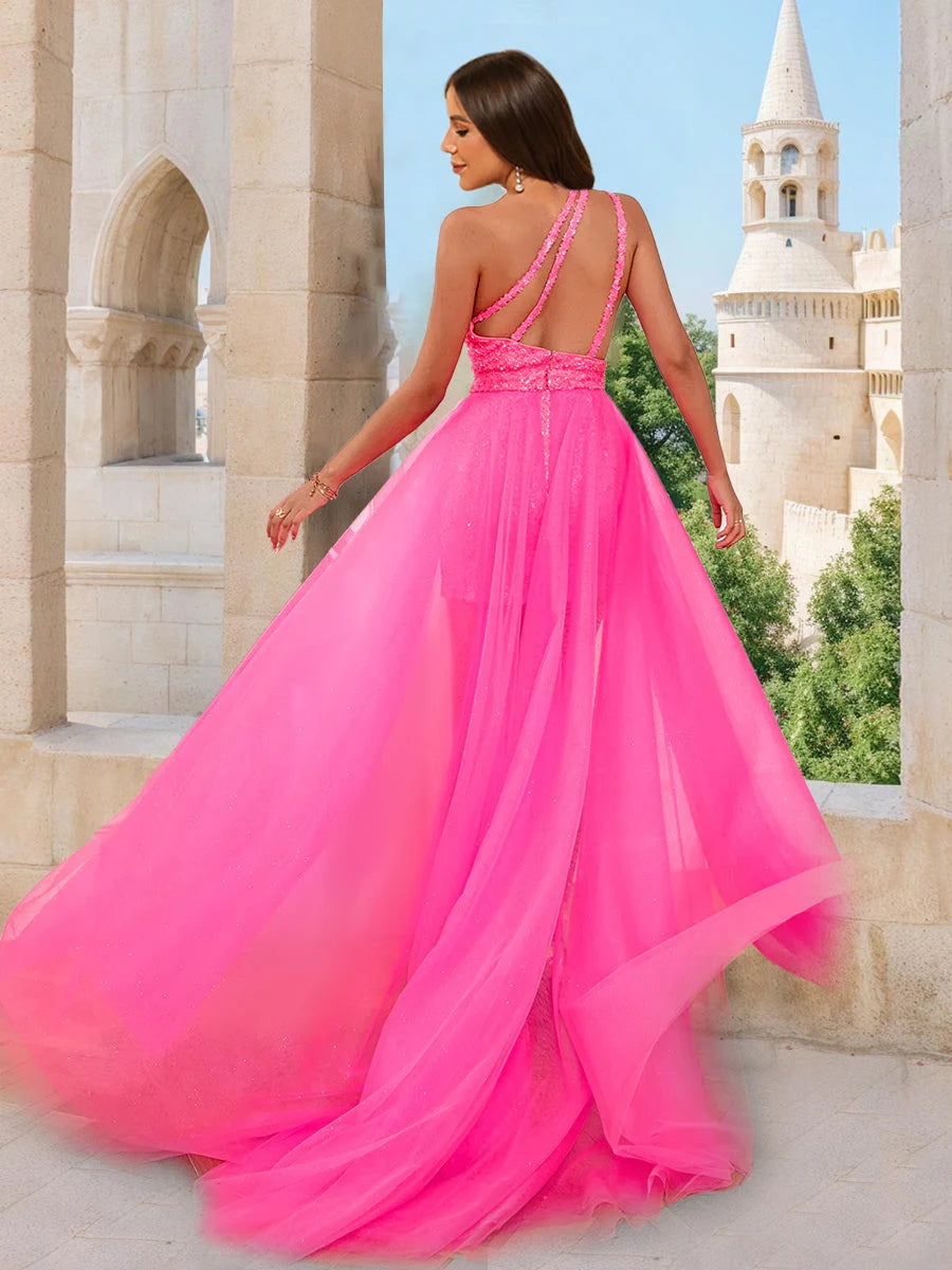 Glamorous A-Line One-Shoulder Sequin Detachable Hot Pink High-Low Prom Dress Women
