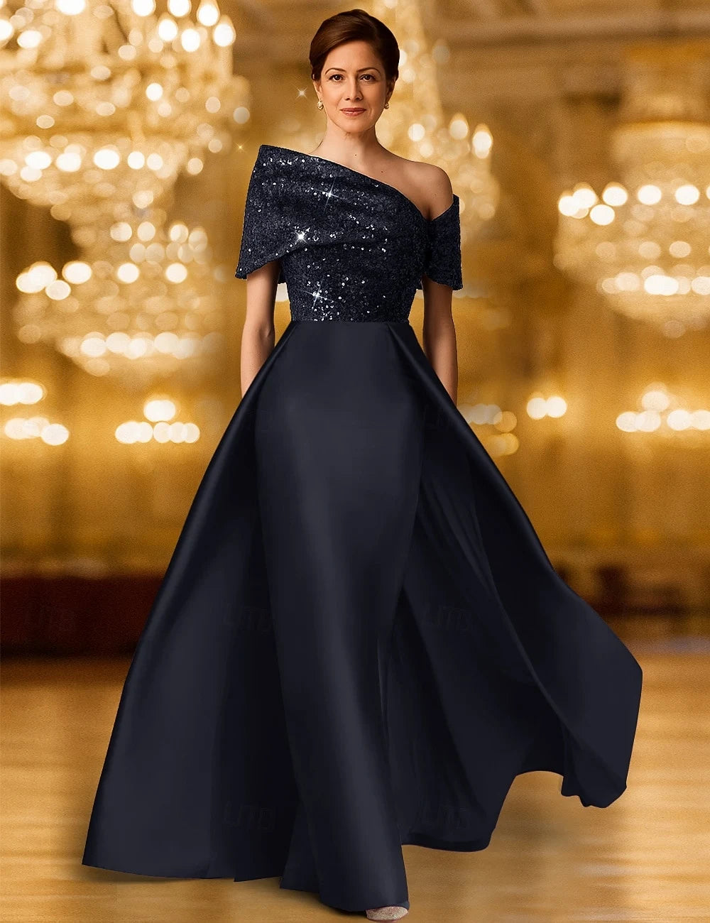 Glamorous A-Line One-Shoulder Sequin Formal Navy Blue Floor-Length Evening Gown