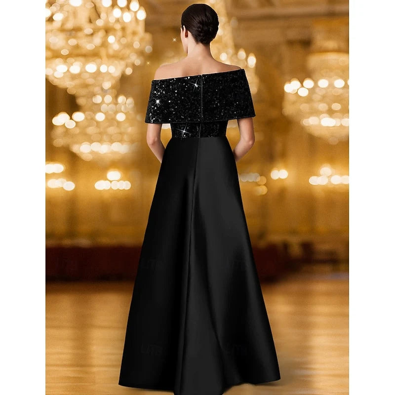 Glamorous A-Line One-Shoulder Sequin Formal Navy Blue Floor-Length Evening Gown
