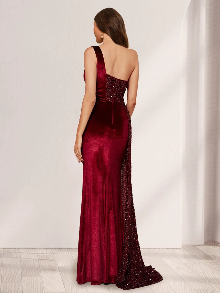 Glamorous A-Line One-Shoulder Sequin Ruched Burgundy Floor-Length Prom Dress Women's