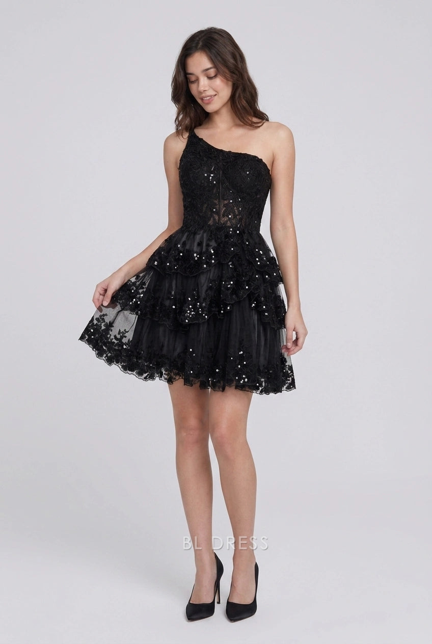 Glamorous A-Line One-Shoulder Sequin Tiered Black Short Homecoming Dress For Women