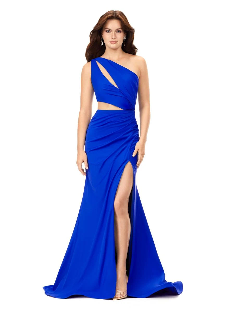 Glamorous A-Line One-Shoulder Sleeveless Cutout Ruched Royal Blue Long Prom Dress
