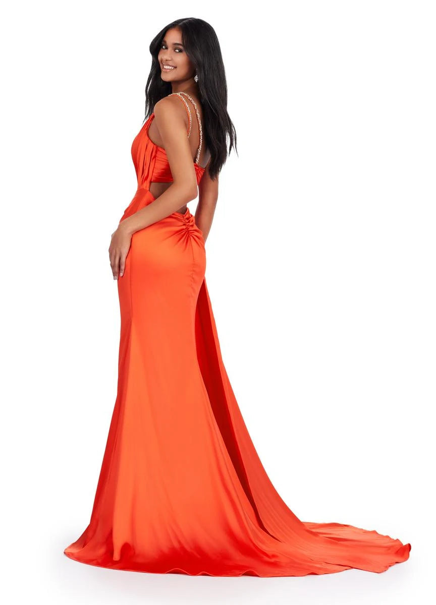 Glamorous A-Line One-Shoulder Sleeveless Draped Embellished Orange Floor-Length Prom Dresses Women's Gown