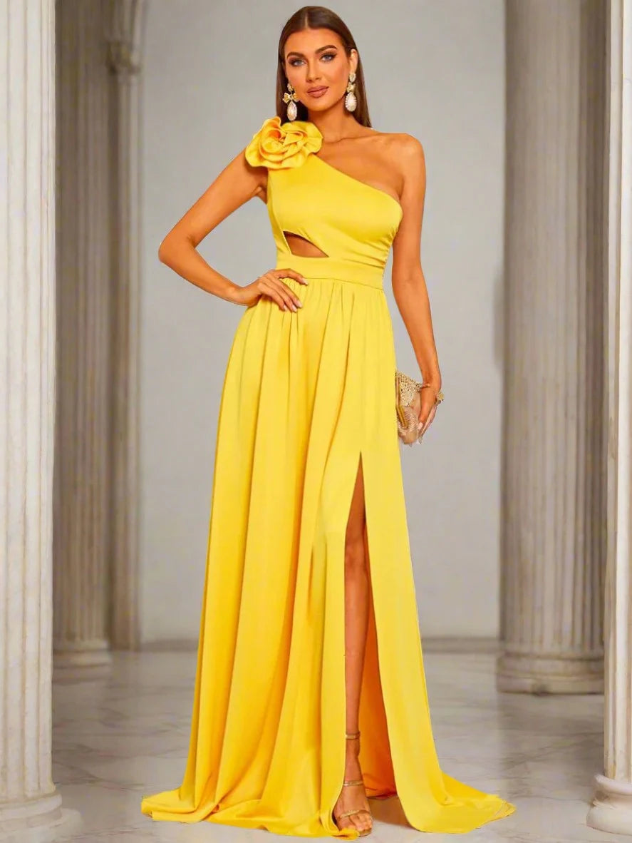 Glamorous A-Line One-Shoulder Sleeveless Floral Cutout Yellow Floor-Length Prom Dress