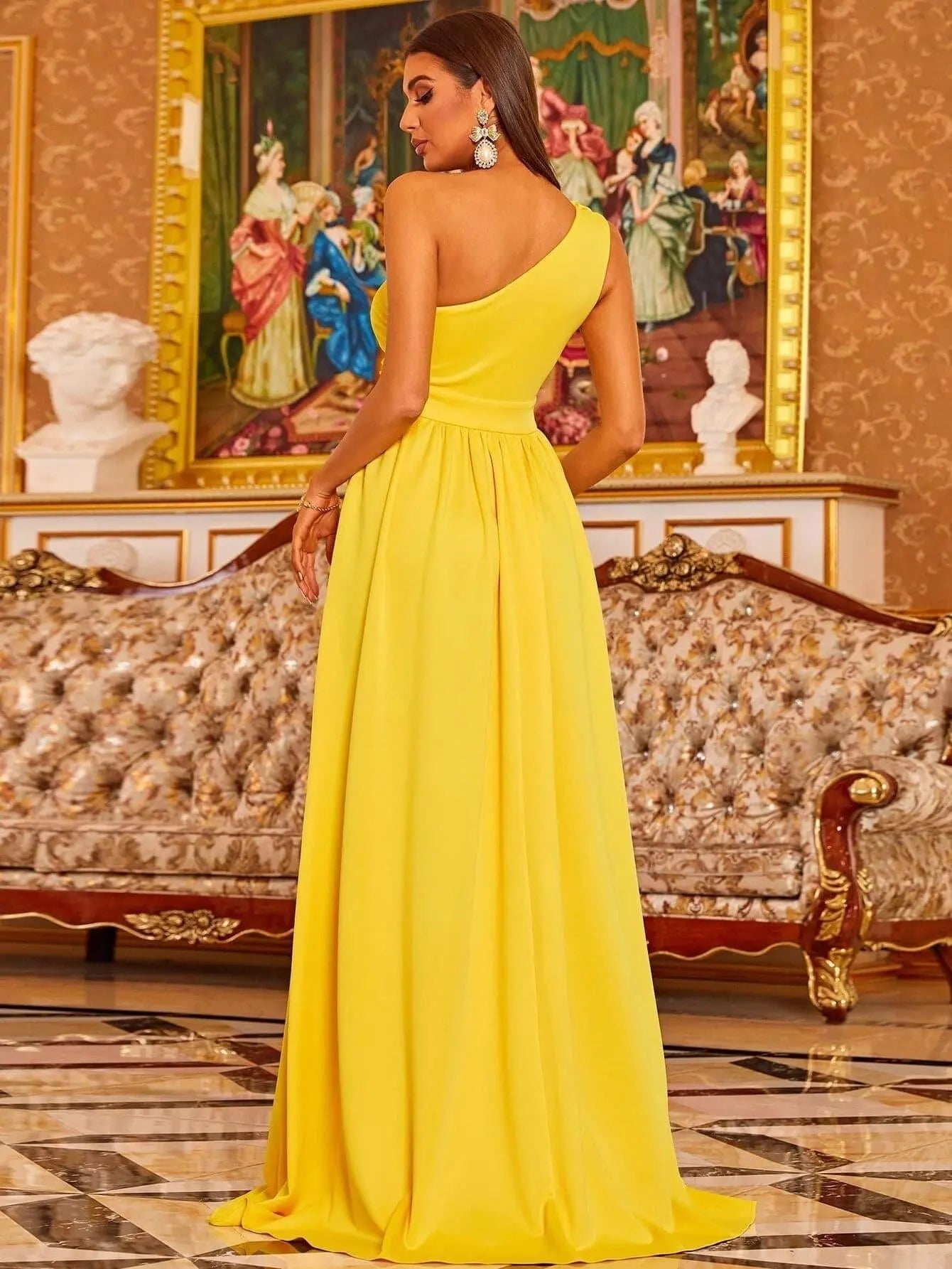 Glamorous A-Line One-Shoulder Sleeveless Floral Cutout Yellow Floor-Length Prom Dress