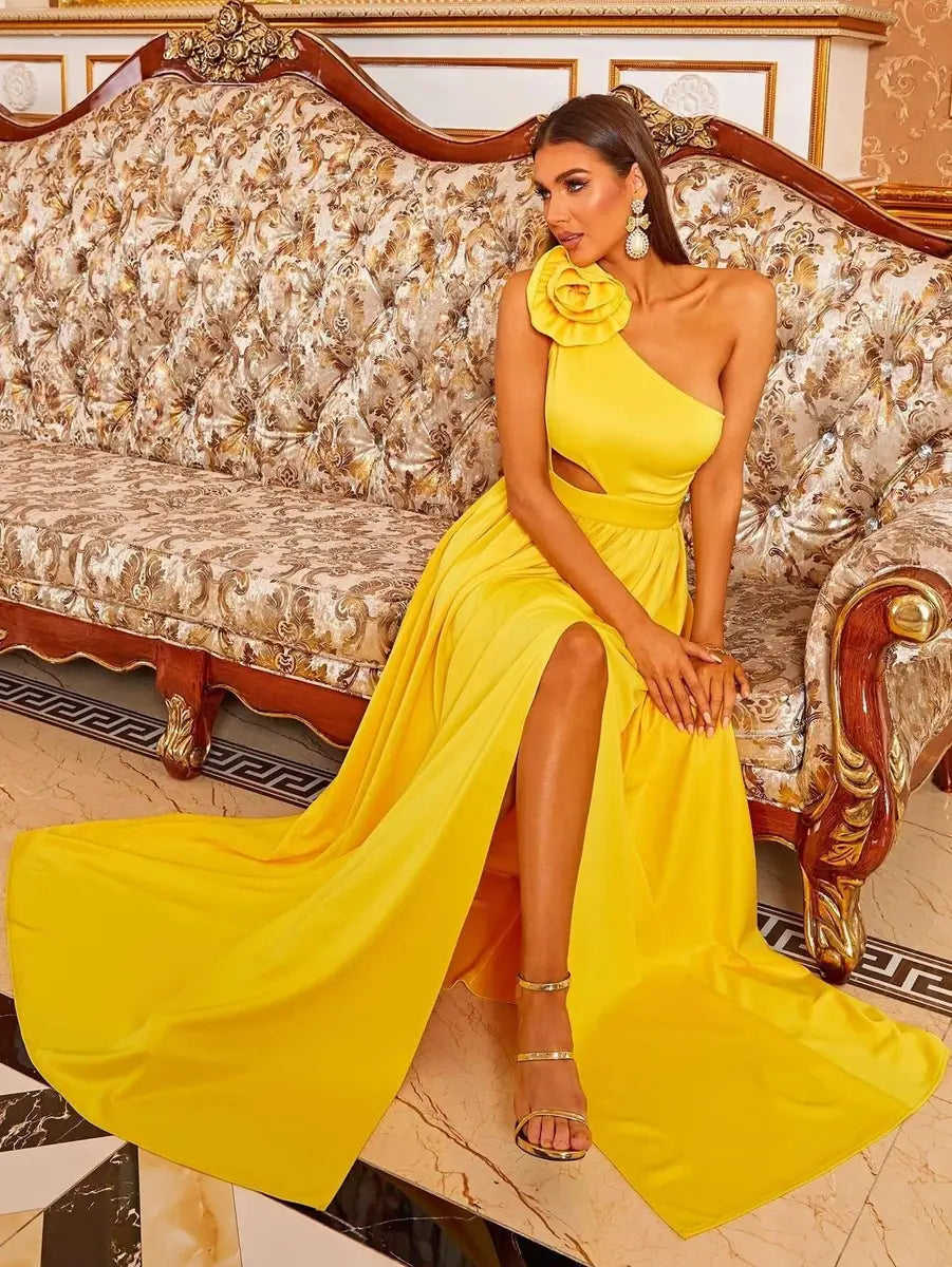 Glamorous A-Line One-Shoulder Sleeveless Floral Cutout Yellow Floor-Length Prom Dress