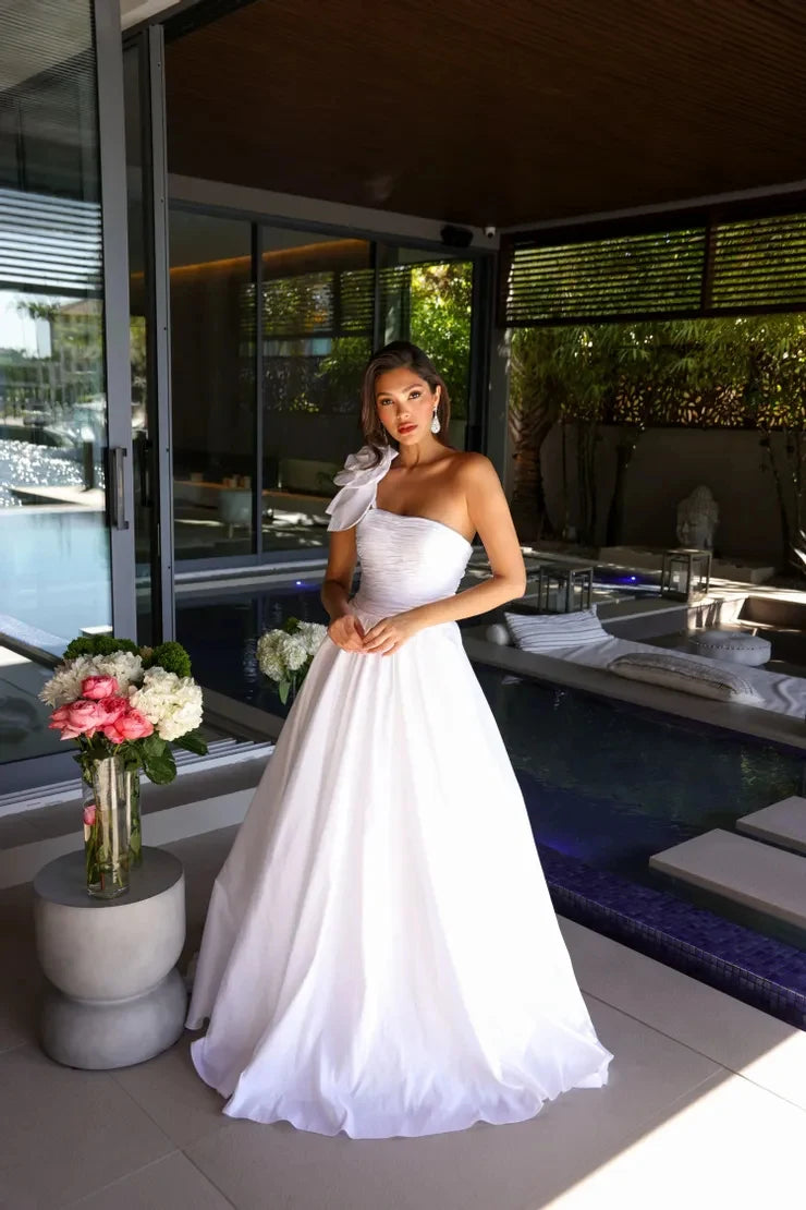 Glamorous A-Line One-Shoulder Sleeveless Floral Ruched White Maxi Prom Dresses Gown