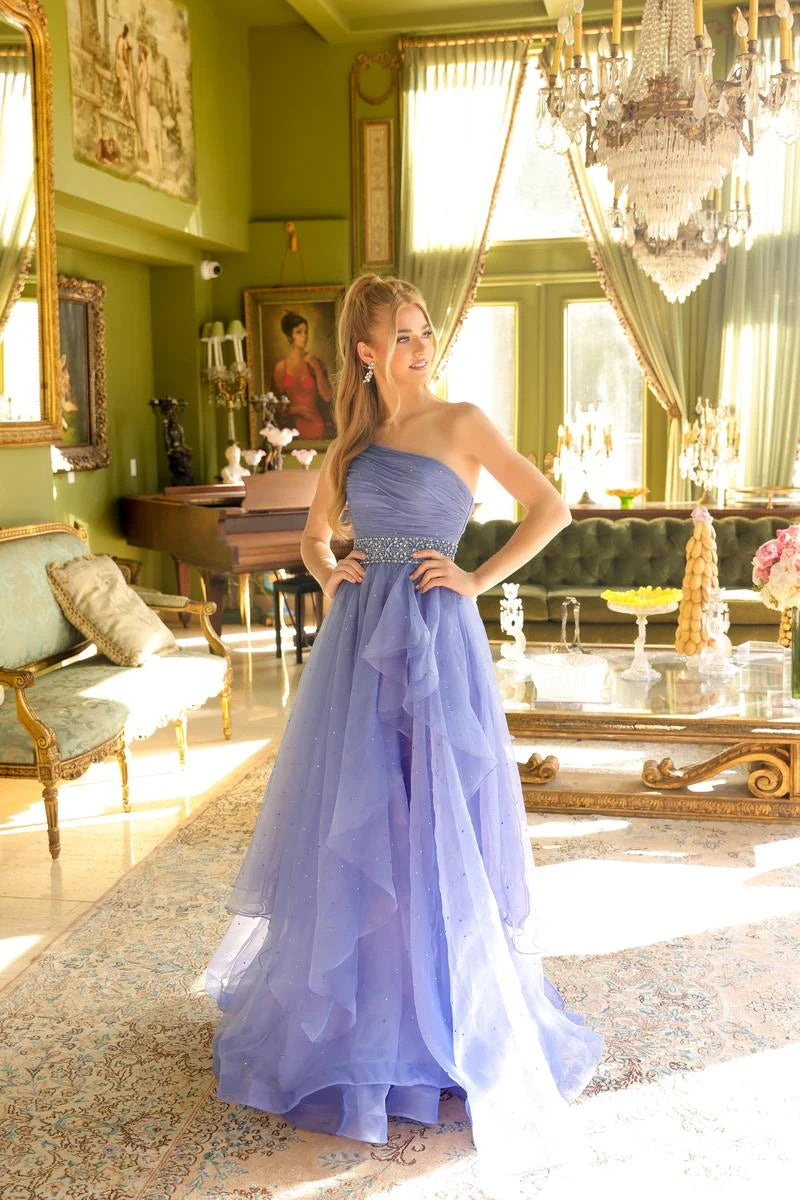 Glamorous A-Line One-Shoulder Sleeveless Sparkle Tiered Lavender Floor-Length Prom Dress