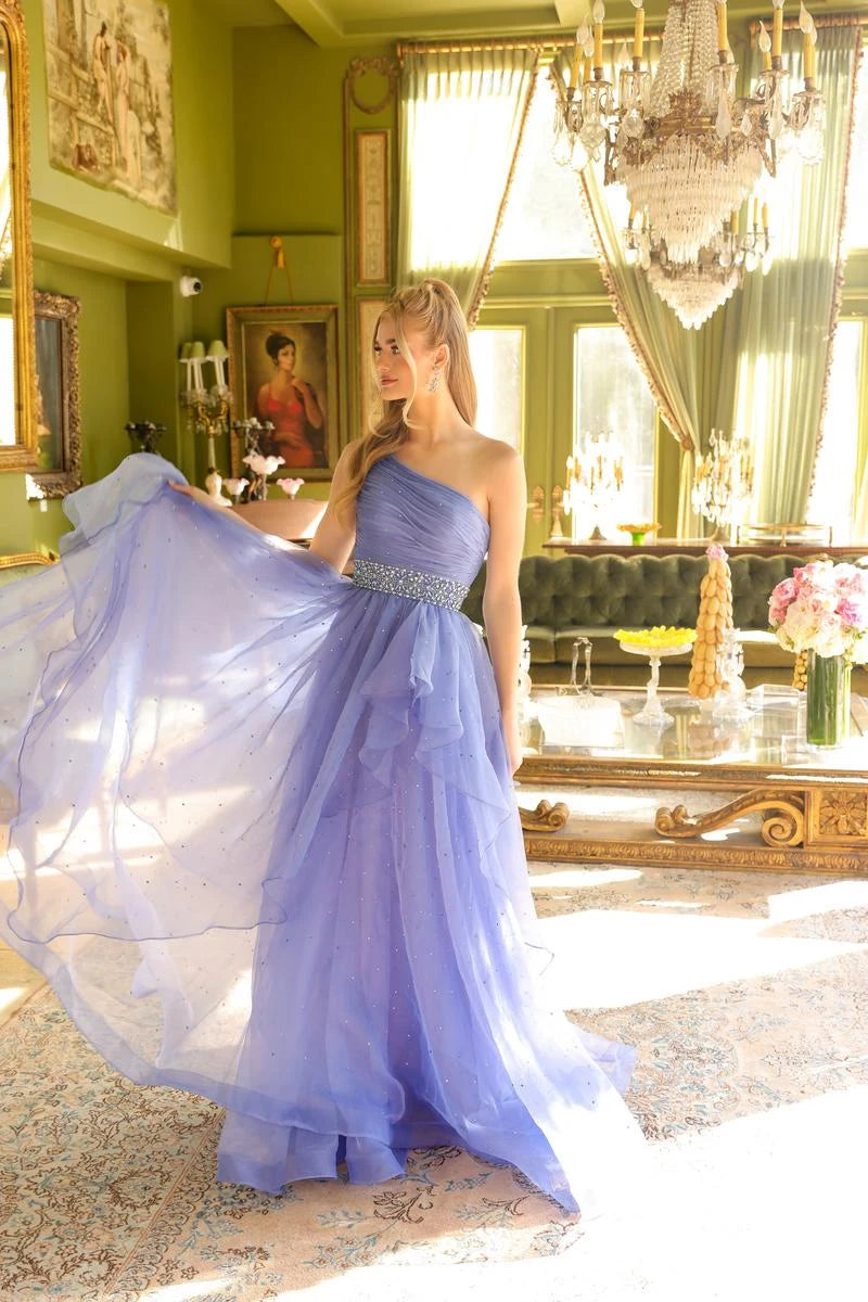 Glamorous A-Line One-Shoulder Sleeveless Sparkle Tiered Lavender Floor-Length Prom Dress