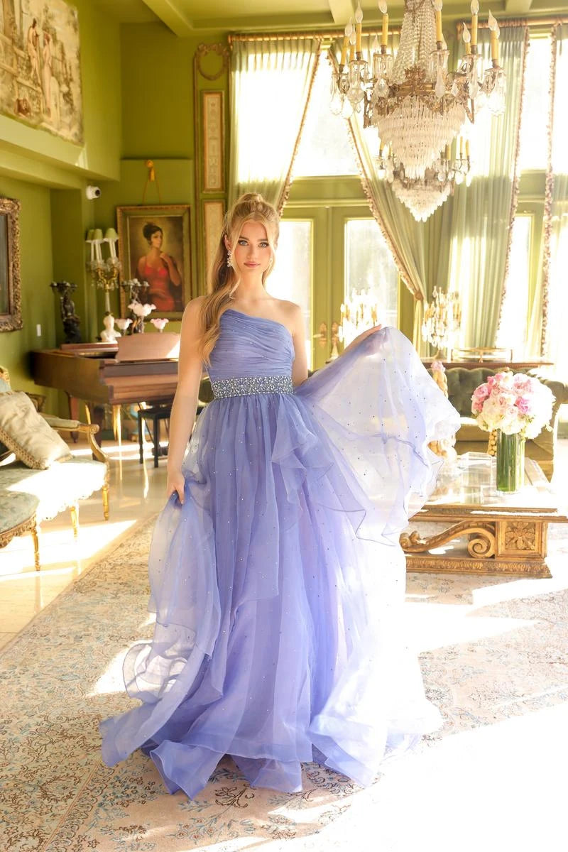 Glamorous A-Line One-Shoulder Sleeveless Sparkle Tiered Lavender Floor-Length Prom Dress