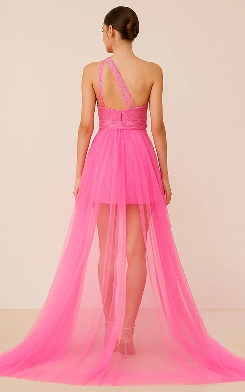 Glamorous A-Line One-Shoulder Sleeveless Sparkly Hot Pink High-Low Homecoming Dresses