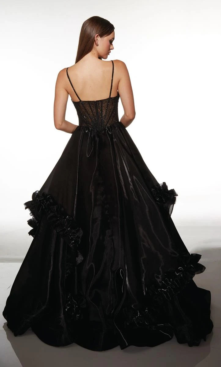 Glamorous A-Line Plunge Sweetheart Sleeveless Beaded Ruffled Black Floor-Length Prom Gown