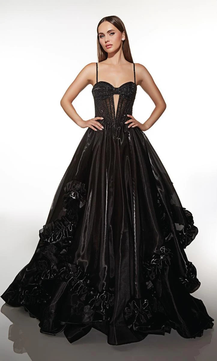 Glamorous A-Line Plunge Sweetheart Sleeveless Beaded Ruffled Black Floor-Length Prom Gown