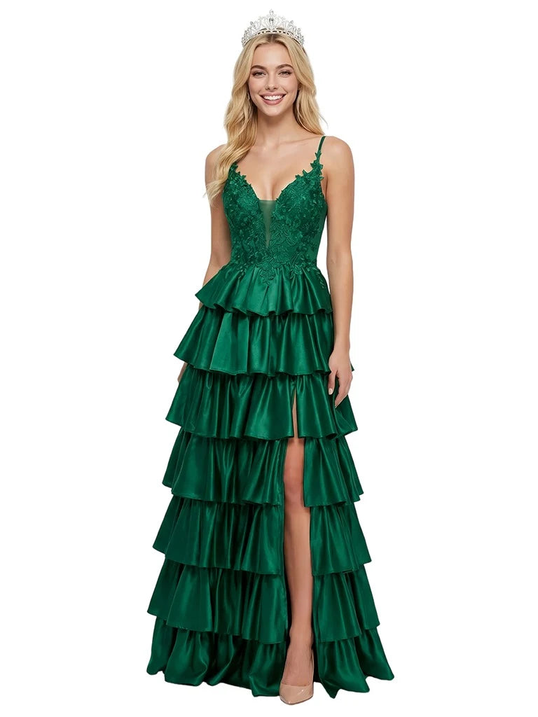 Glamorous A-Line Plunging V-Neck Sleeveless Tiered Ruffle Emerald Green Floor-Length Prom Dress