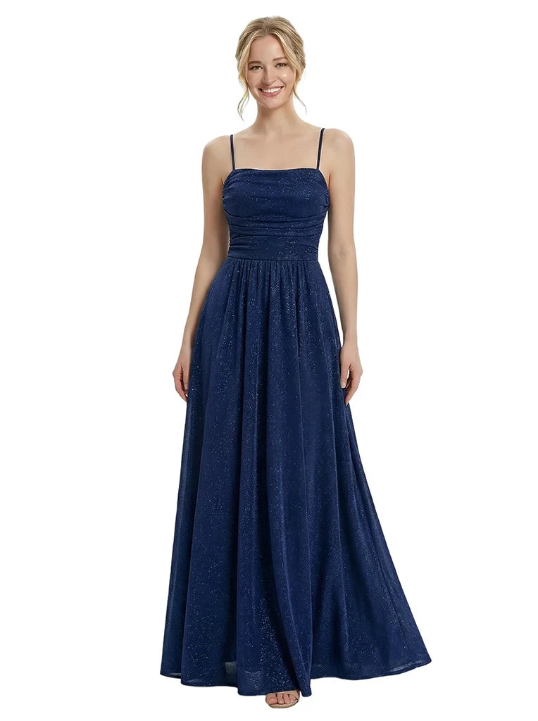 Glamorous A-Line Square Neck Sleeveless Glittery Navy Blue Floor-Length Prom Dress