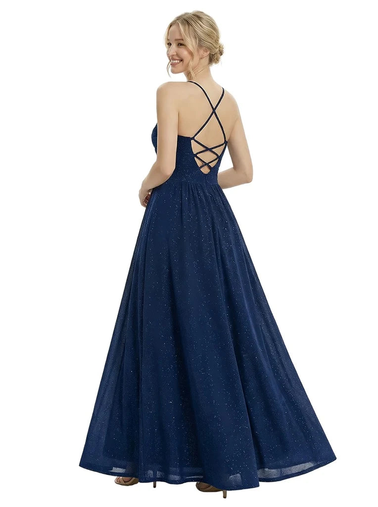 Glamorous A-Line Square Neck Sleeveless Glittery Navy Blue Floor-Length Prom Dress