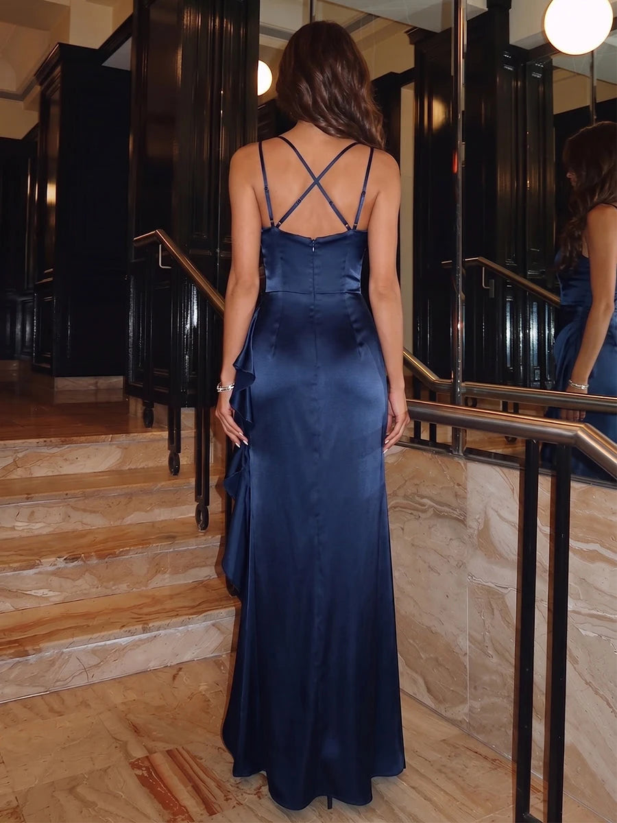 Glamorous A-Line Square Neck Sleeveless Ruffled Slit Navy Blue High-Low Prom Dress
