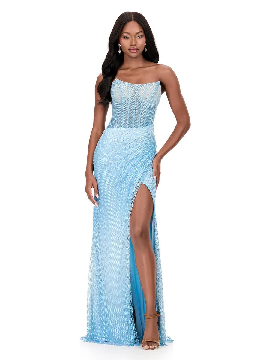 Glamorous A-Line Strapless Beaded High Slit Sky Blue Floor-Length Prom Dresses Gown