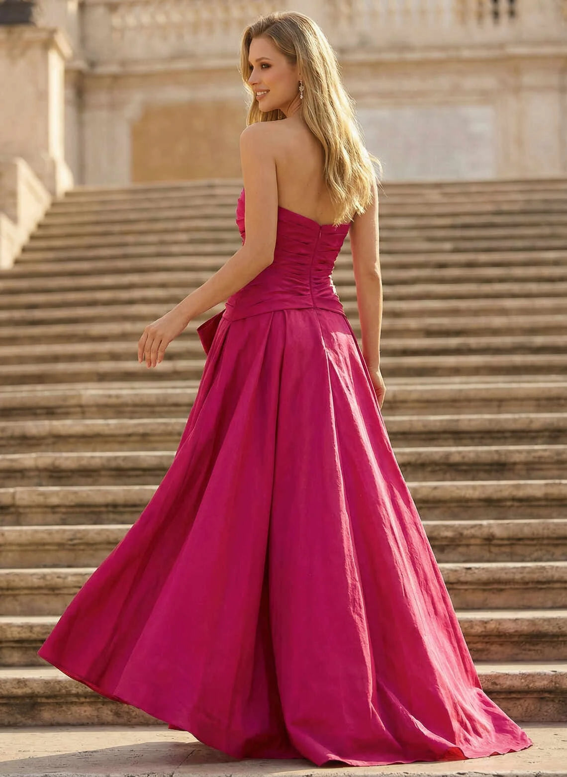 Glamorous A-Line Strapless Bow-Accent High-Slit Fuchsia Floor-Length Prom Gown