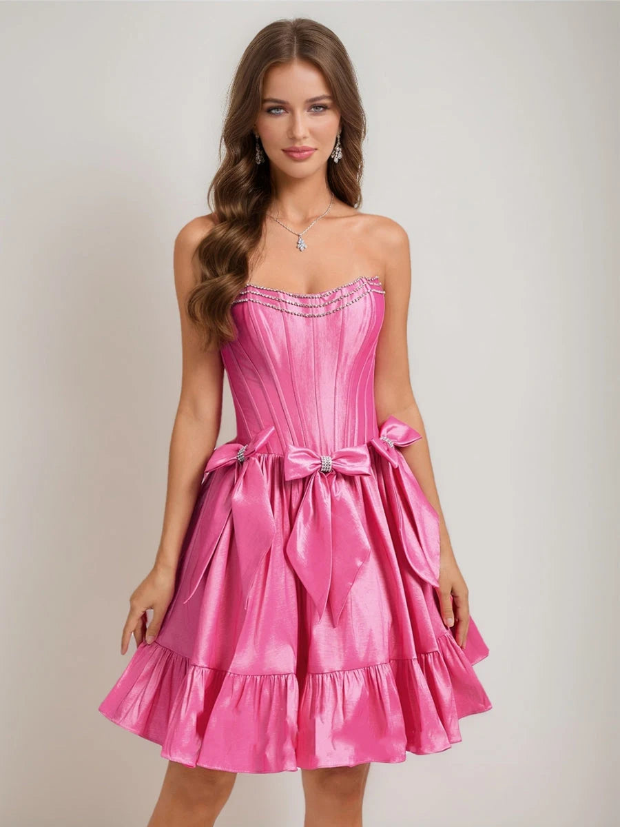Glamorous A-Line Strapless Bow Hot Pink Short Homecoming Dresses for Girls