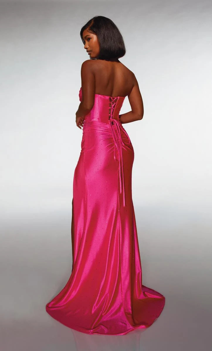 Glamorous A-Line Strapless Corset High Slit Fuchsia Floor-Length Prom Dress