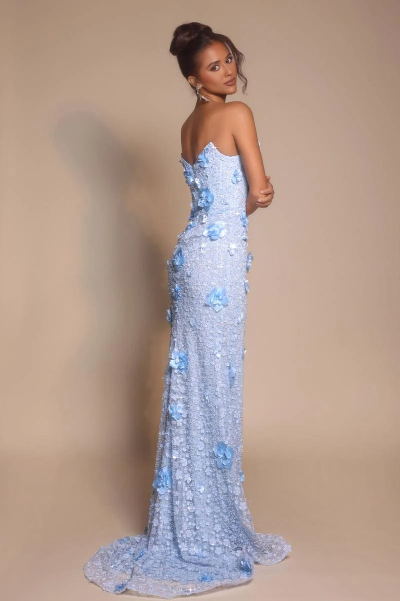 Glamorous A-Line Strapless Floral Slit Light Blue Floor-Length Prom Dress