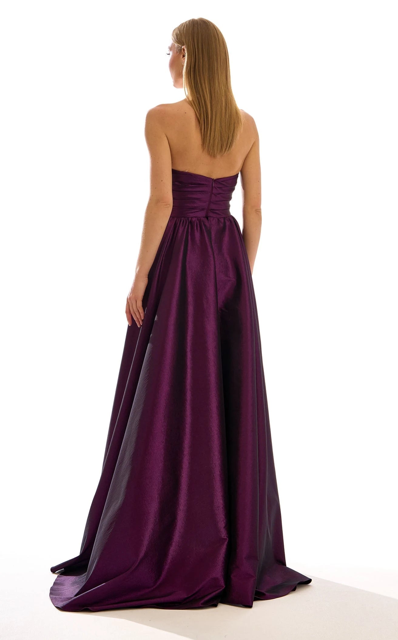 Glamorous A-Line Strapless Ruched High Slit Plum Floor-Length Prom Gown