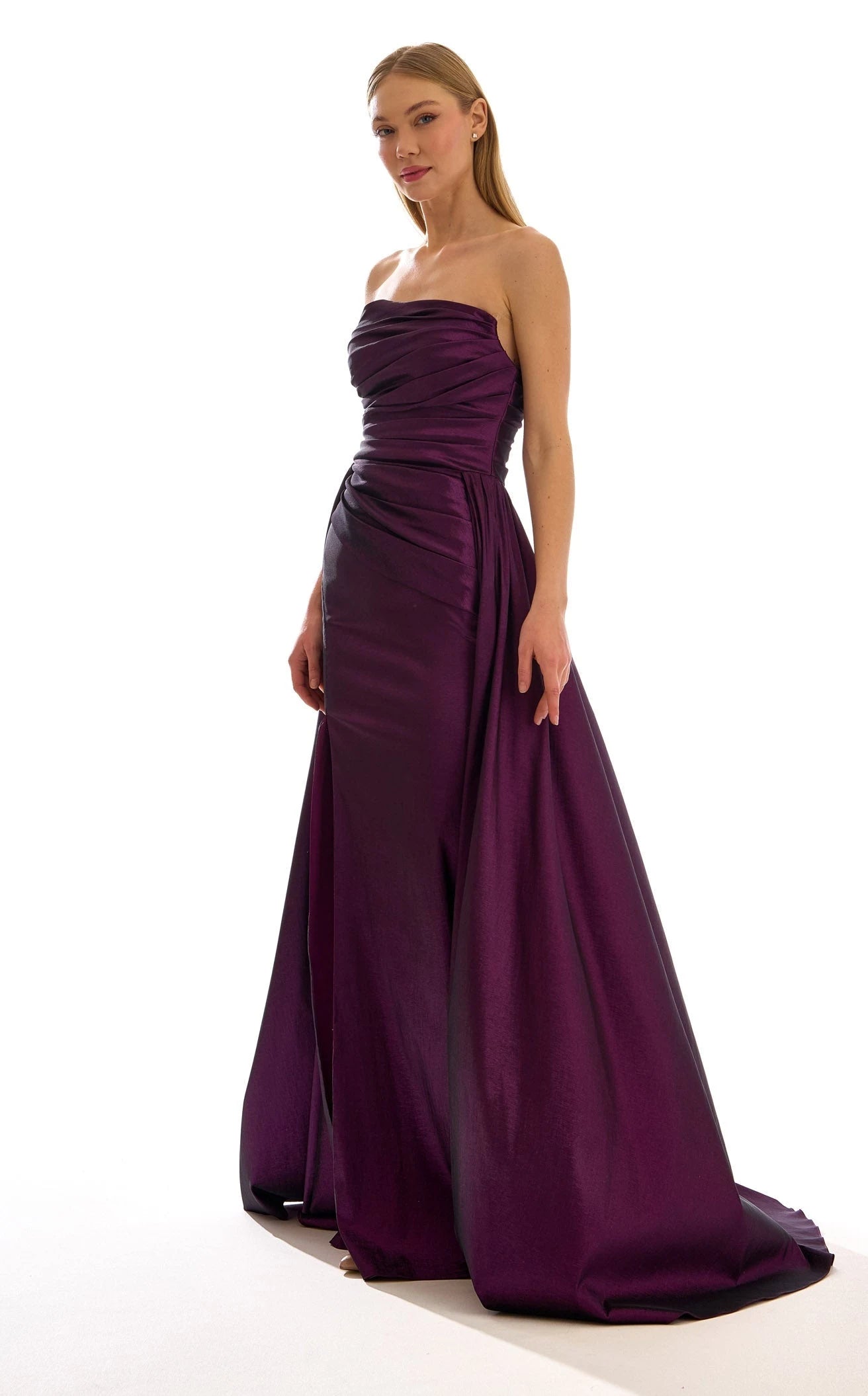 Glamorous A-Line Strapless Ruched High Slit Plum Floor-Length Prom Gown
