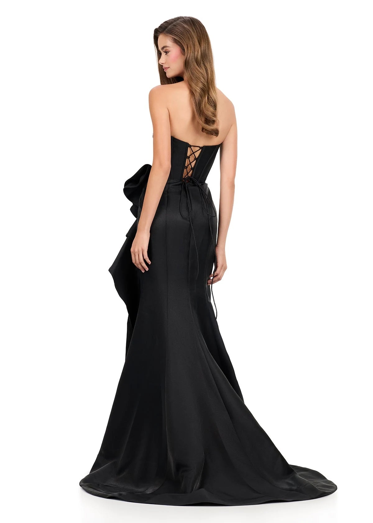 Glamorous A-Line Strapless Ruffled High-Slit Black Floor-Length Prom Gown