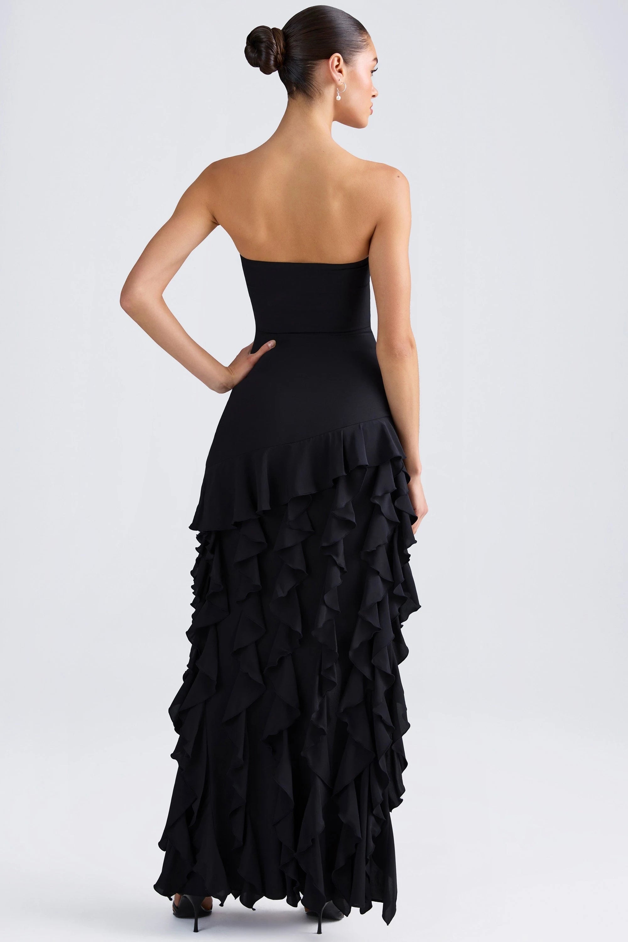 Glamorous A-Line Strapless Ruffled High-Slit Black Maxi Prom Dress Women's