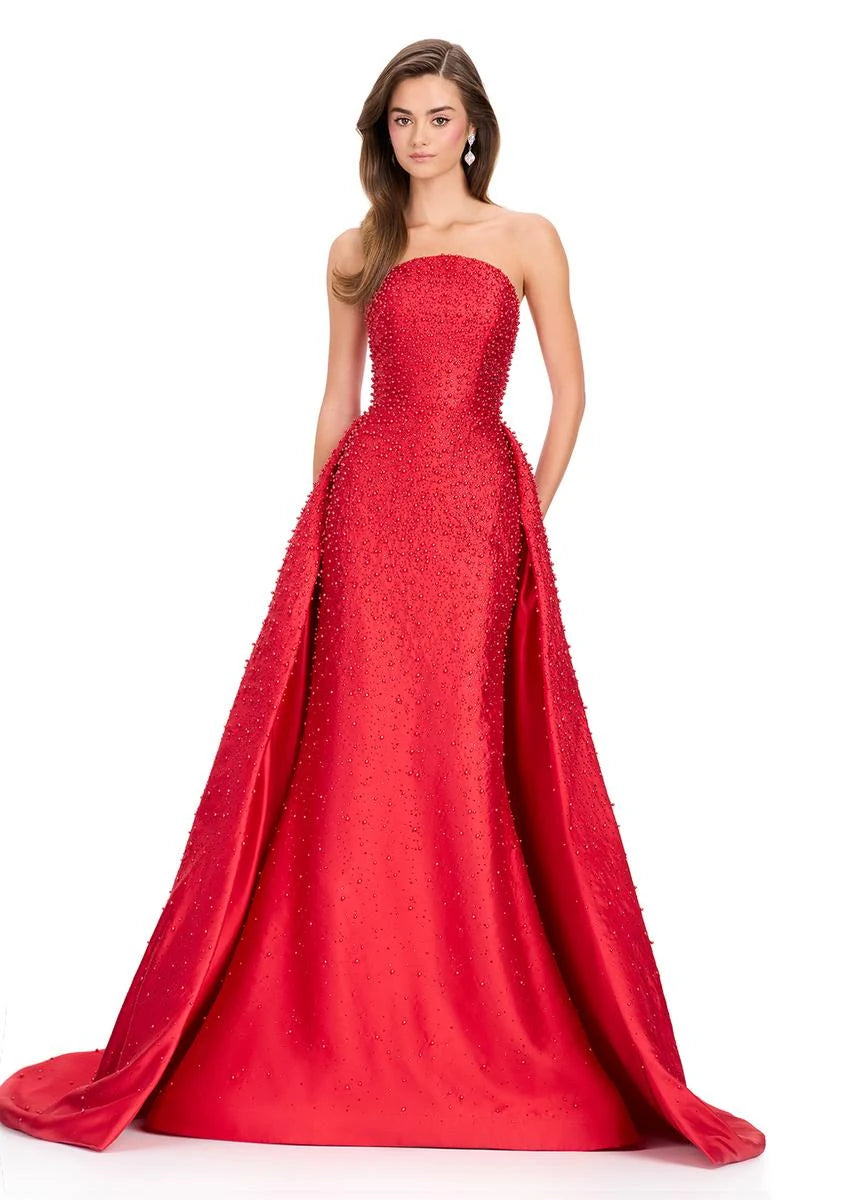 Glamorous A-Line Strapless Sleeveless Beaded Overlay Dramatic Red Floor-Length Prom Dresses For Women