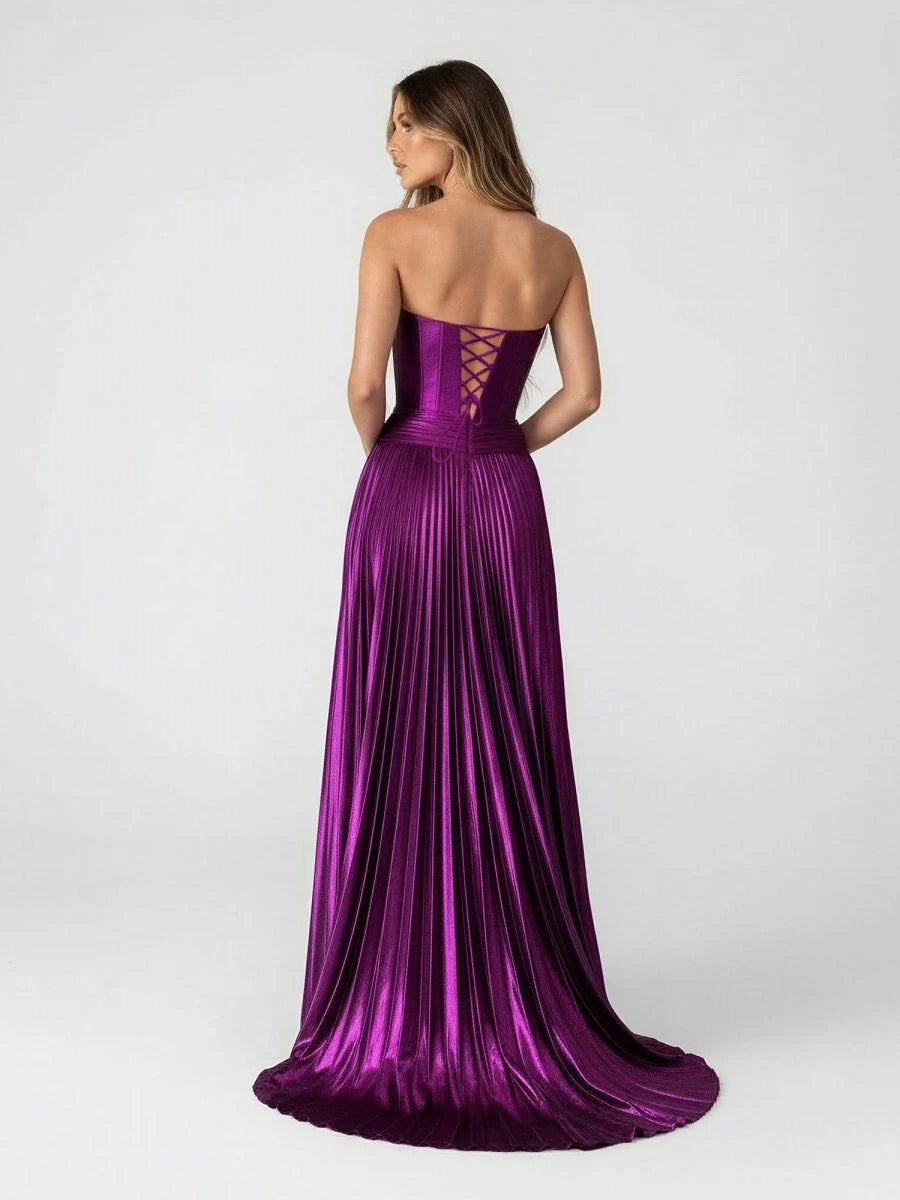 Glamorous A-Line Strapless Sleeveless Corset Pleated Purple Prom Dresses Women Gown