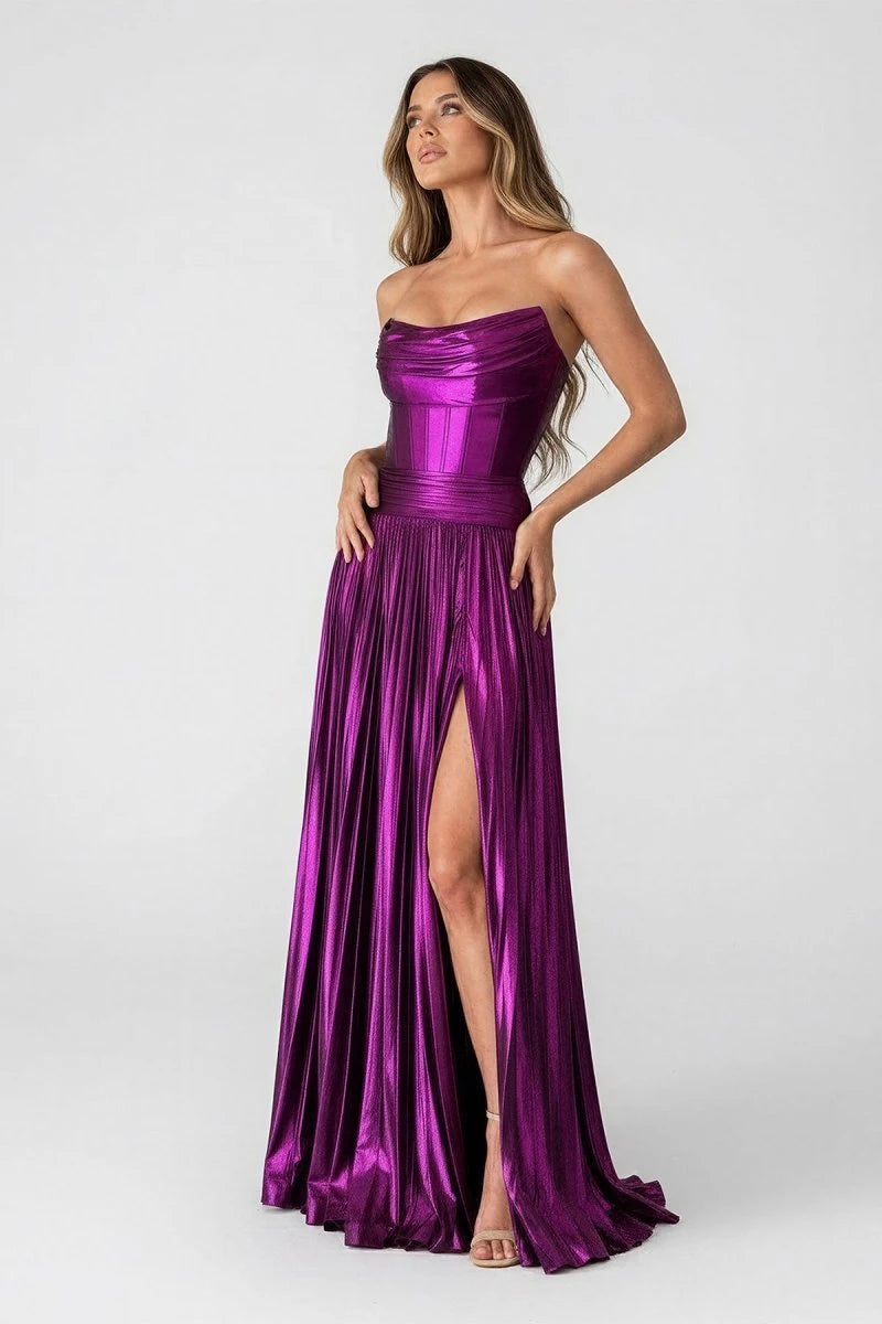 Glamorous A-Line Strapless Sleeveless Corset Pleated Purple Prom Dresses Women Gown