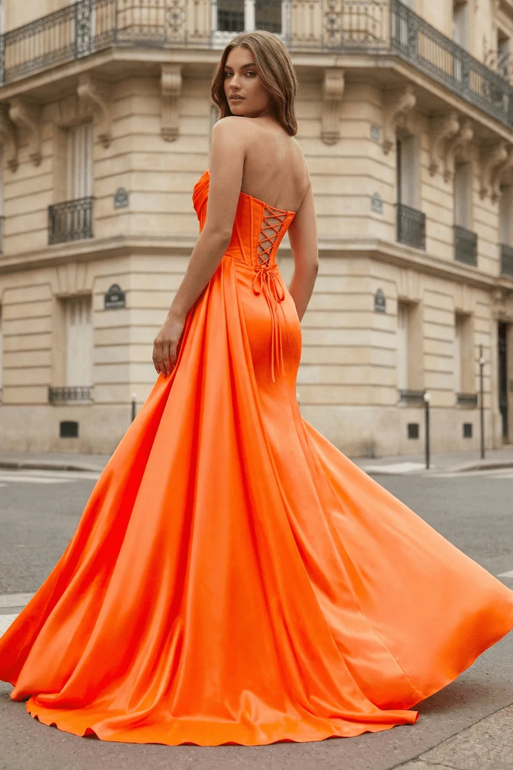 Glamorous A-Line Strapless Sleeveless Corset Slit Orange Long Prom Dresses Women