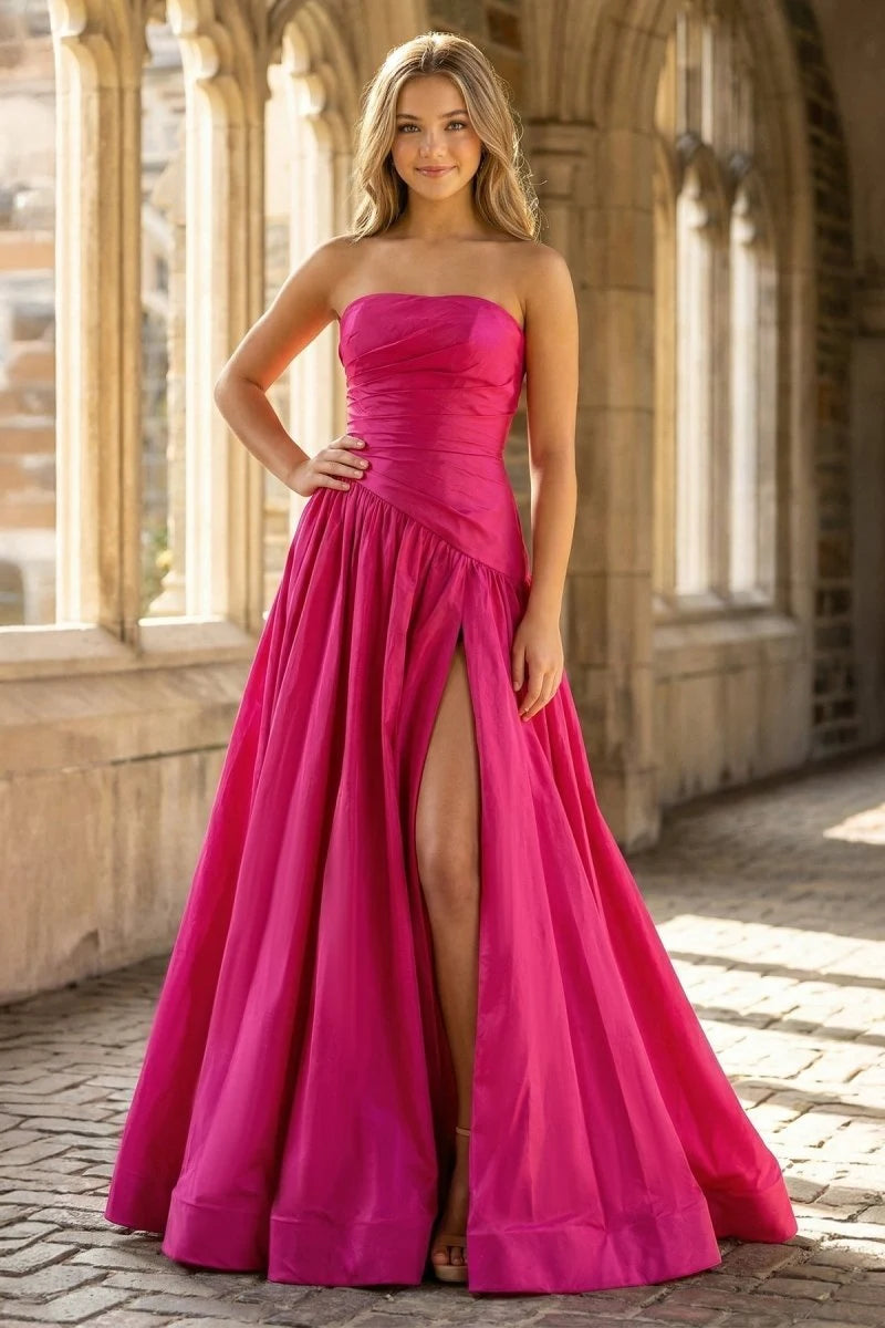 Glamorous A-Line Strapless Sleeveless Pleated Slit Magenta Floor-Length Prom Dresses Women